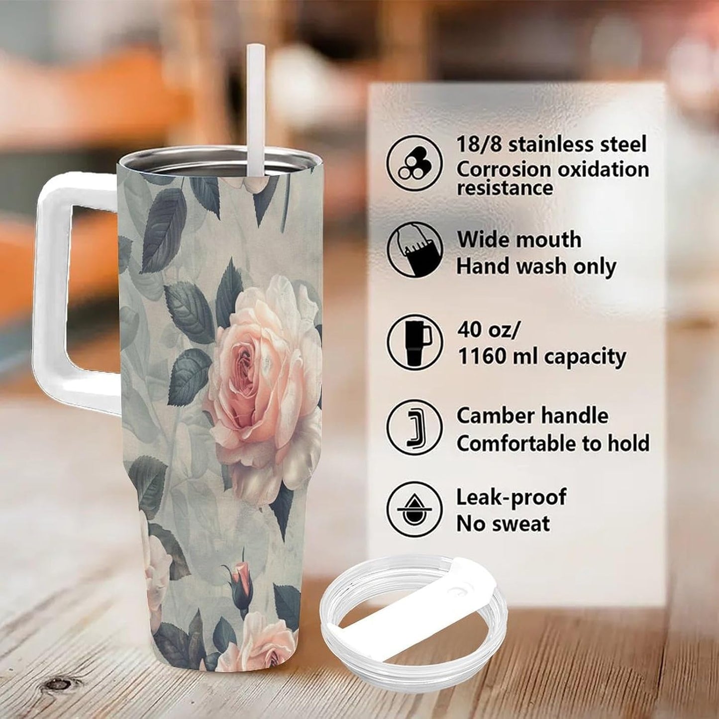 40oz Tumbler with Handle, Peach Rose Pattern With Green Leaves Printed Stainless Steel Travel Mug, Insulated Car Cup with Straw, Keeps Drinks Hot & Cold, Personalized Gift for Women & Men