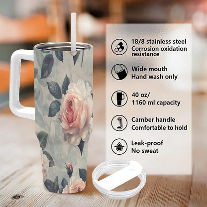 40oz Tumbler with Handle, Peach Rose Pattern With Green Leaves Printed Stainless Steel Travel Mug, Insulated Car Cup with Straw, Keeps Drinks Hot & Cold, Personalized Gift for Women & Men