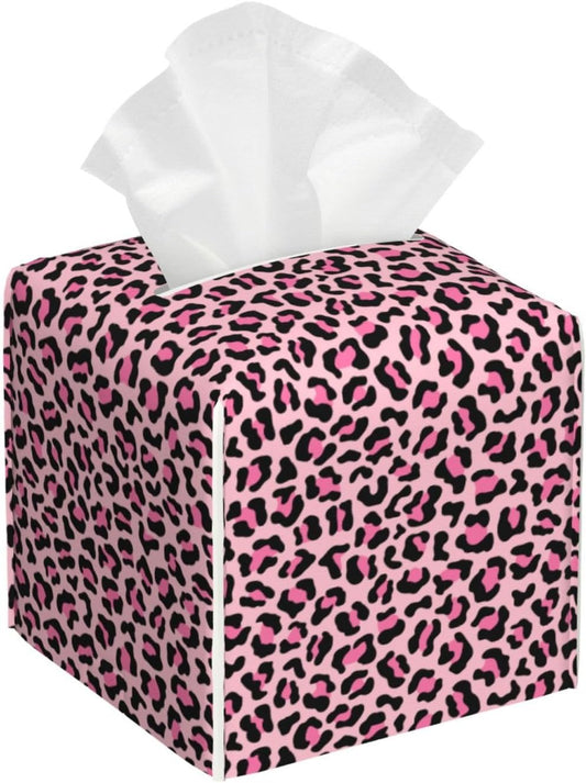 Trendy Pink Leopard Cute Print Tissue Box Cover Square Modern Decorative Tissue Box Holder, Cute Leather Box Cover Car Tissue Holder for Bathroom, Night Stands, Desk, Office Decor