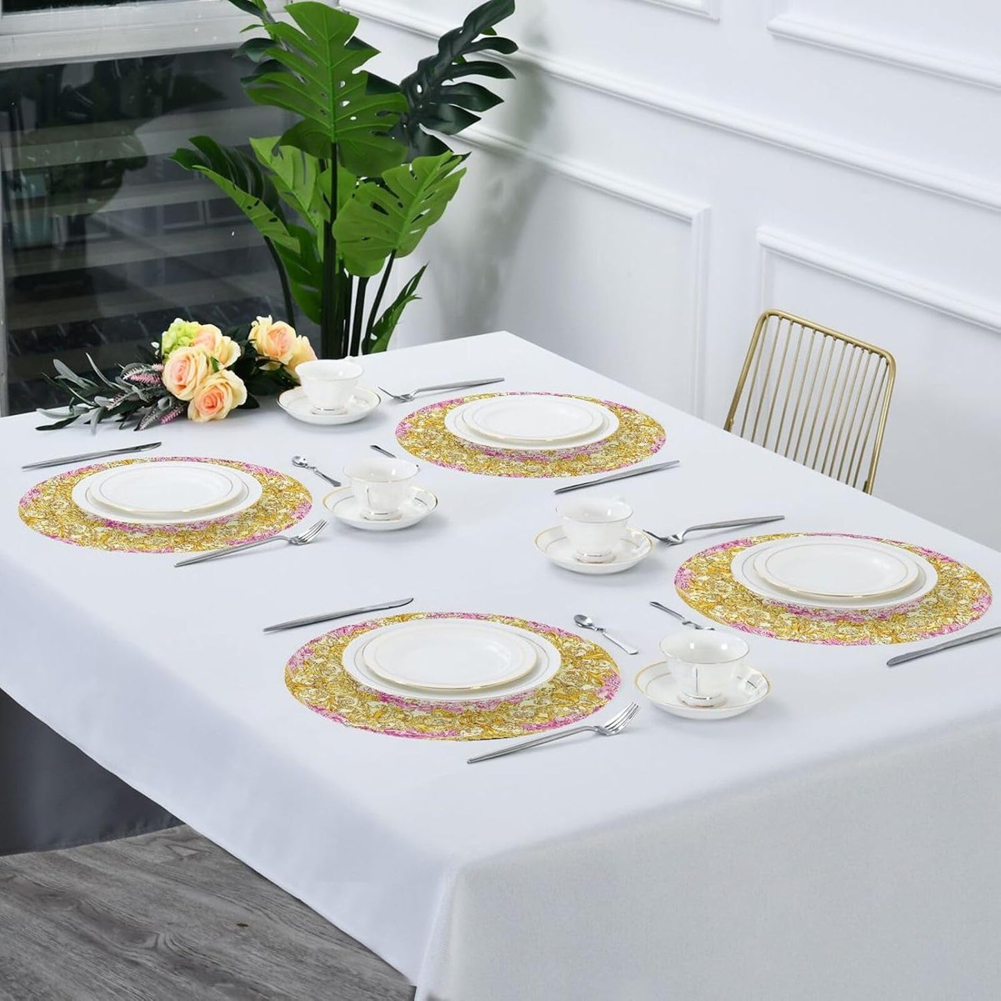 Retro Floral Pattern Gold and Peach placemat Round Table Reusable placemat Washable placemat Moroccan placemats for Dining Table placemats Heat Resistant Waterproof Place Settings for 6 for