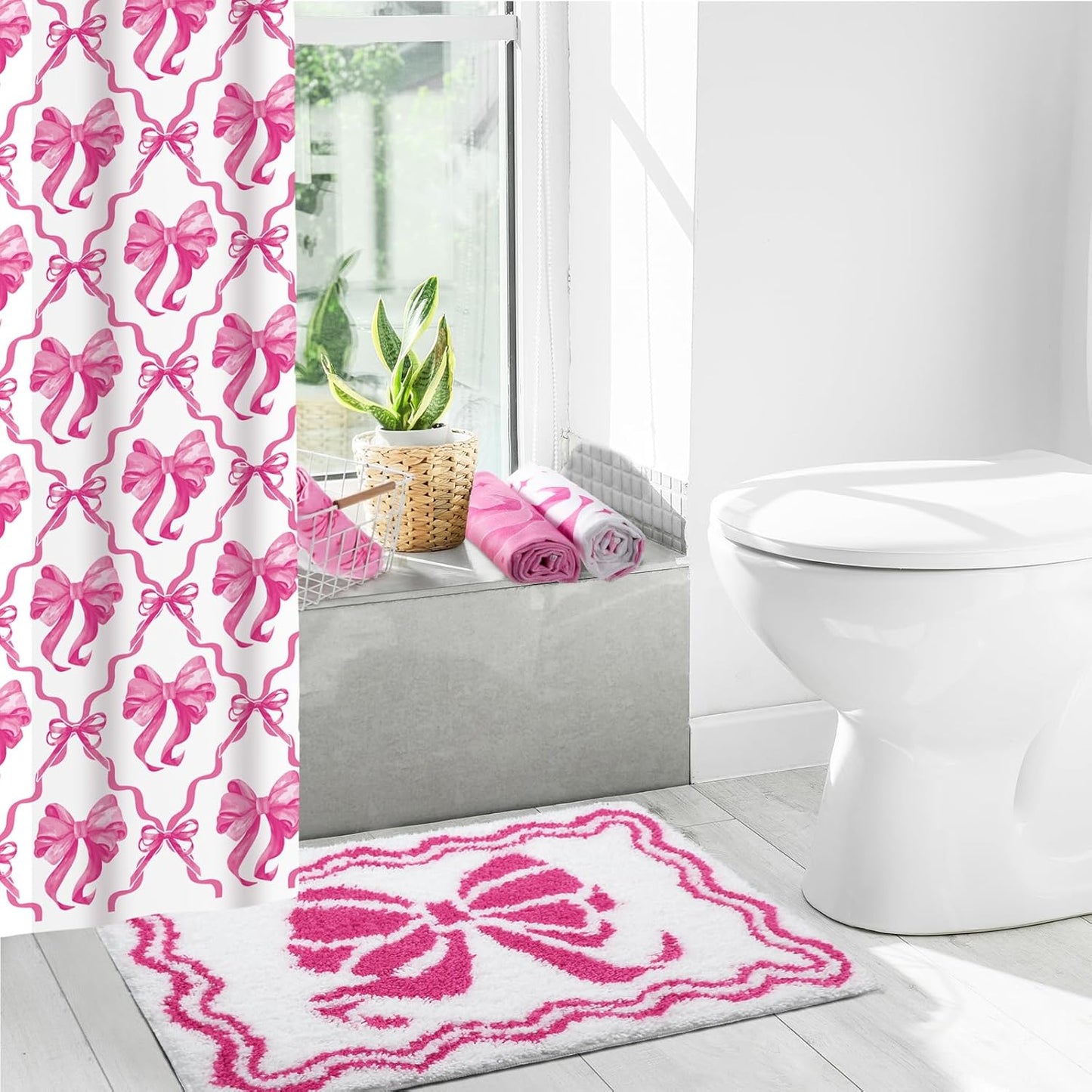 Fourluoo 18 Pcs Fabric Shower Curtain Set with 12 Decorative Shower Curtain Hooks Bathroom Towels Non Slip Absorbent Microfiber Rug for Modern Aesthetic Bathroom(Pink,Bow)