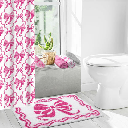 Fourluoo 18 Pcs Fabric Shower Curtain Set with 12 Decorative Shower Curtain Hooks Bathroom Towels Non Slip Absorbent Microfiber Rug for Modern Aesthetic Bathroom(Pink,Bow)