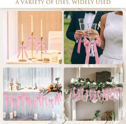 Bow Napkin Rings Set of 12 Pink Ribbon Candlestick Decor Charms Coquette Bow for Wine Glasses Ribbon Gift Rings Bulk for Candle Holder Wedding Birthday Party Bridal Shower Wrapping