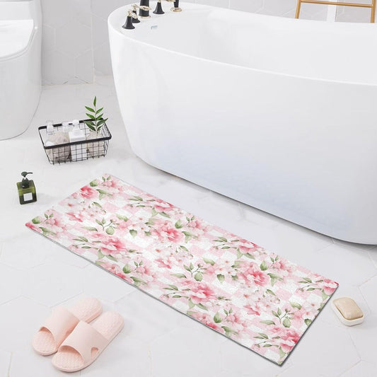 Bathroom Rug Flower Pink Checkered Bath Mat 39x20in Soft Absorbent Plush Shaggy Bath Carpet Non-Slip Washable for Bathroom Floor Tub Shower
