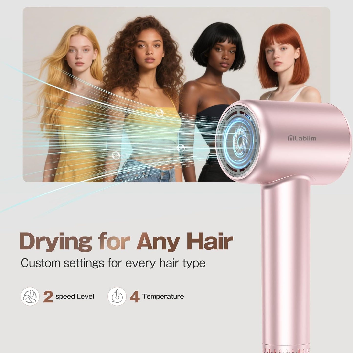 Labiim Hair Dryer, High-Speed Ionic Low Noise Blow Dryer with Brushless Motor for Fast Drying,Thermo-Control Quiet Compact Hair Blow Dryer Hairdryer with 1Nozzle Attachment for Home Salon Travel,Pink
