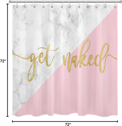 EOBTAIN Get Naked Shower Curtain for Bathroom Funny Quotes with Gold Texture on Pink and White Marble Shower Curtain with 12 Hooks Modern Abstract Bathroom Curtains Shower Set 72x72 Inch