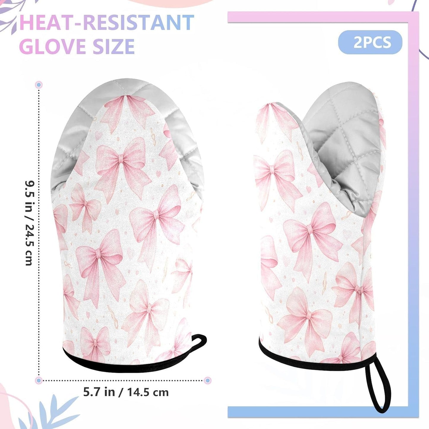 Watercolor Bows Pink Non-Slip Oven Mitts Set Heat Resistant Kitchen Gloves with Quilted Liner Cotton Machine Washable with Hanging Loop for Baking Grilling BBQ