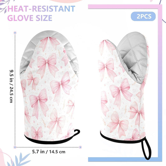 Watercolor Bows Pink Non-Slip Oven Mitts Set Heat Resistant Kitchen Gloves with Quilted Liner Cotton Machine Washable with Hanging Loop for Baking Grilling BBQ