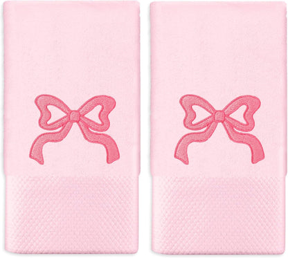 FYSUIMU 2 Pack Pink Bow Hand Towel Cotton Embroidered Cute Bowknot Bathroom Towel Dish Towels for Kitchen Hand Drying Cleaning Cooking, 29.5 x 13.7 Inch
