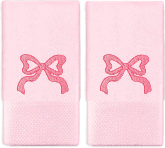 FYSUIMU 2 Pack Pink Bow Hand Towel Cotton Embroidered Cute Bowknot Bathroom Towel Dish Towels for Kitchen Hand Drying Cleaning Cooking, 29.5 x 13.7 Inch