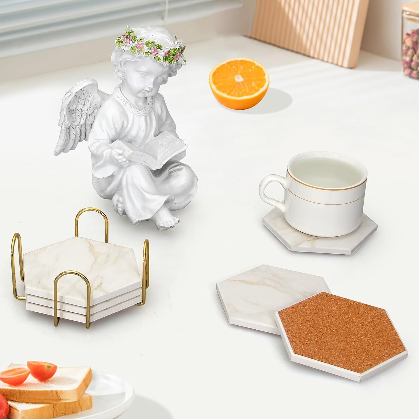 6Pcs White Marble Coaster Set with Holder Hexagon Ceramic Coasters Absorbent Coasters Drink Coasters Set for Coffee Table Bar Coasters Wine Coasters Modern Coasters Beer Coasters Cup Coasters