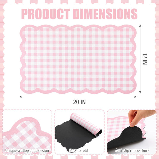 Scalloped Gingham Coffee Mat 12" x 20" Absorbent Coffee Bar Mat Gingham Espresso Matt for Counter(Pink)
