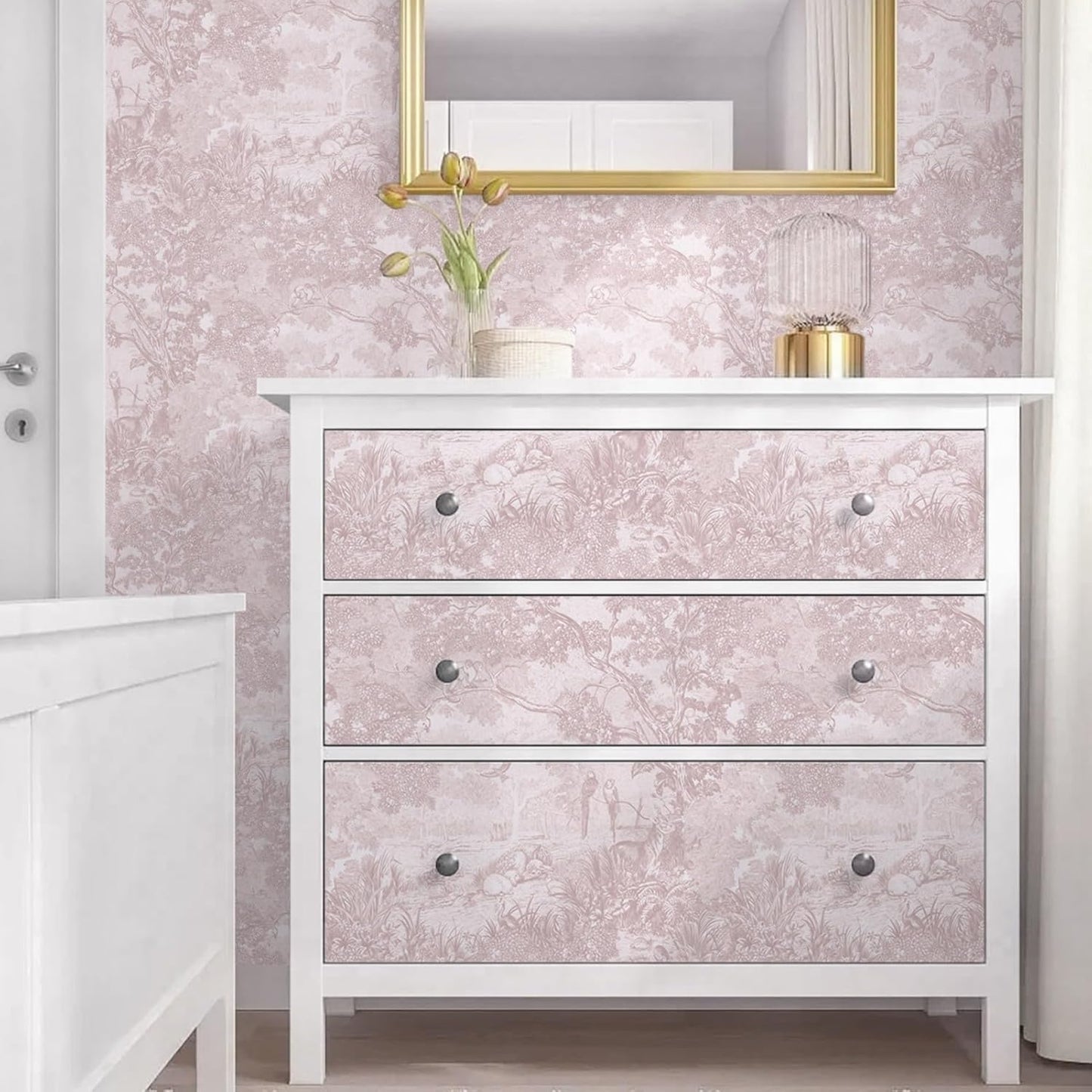 Ismoon Pink Peel and Stick Wallpaper Neutral Wall Paper 17.3in×6.56ft Vintage Removable Self-Adhesive Wallpaper Animals Jungle Contact Paper for Cabinets Bathroom Walls Covering Vinyl Roll
