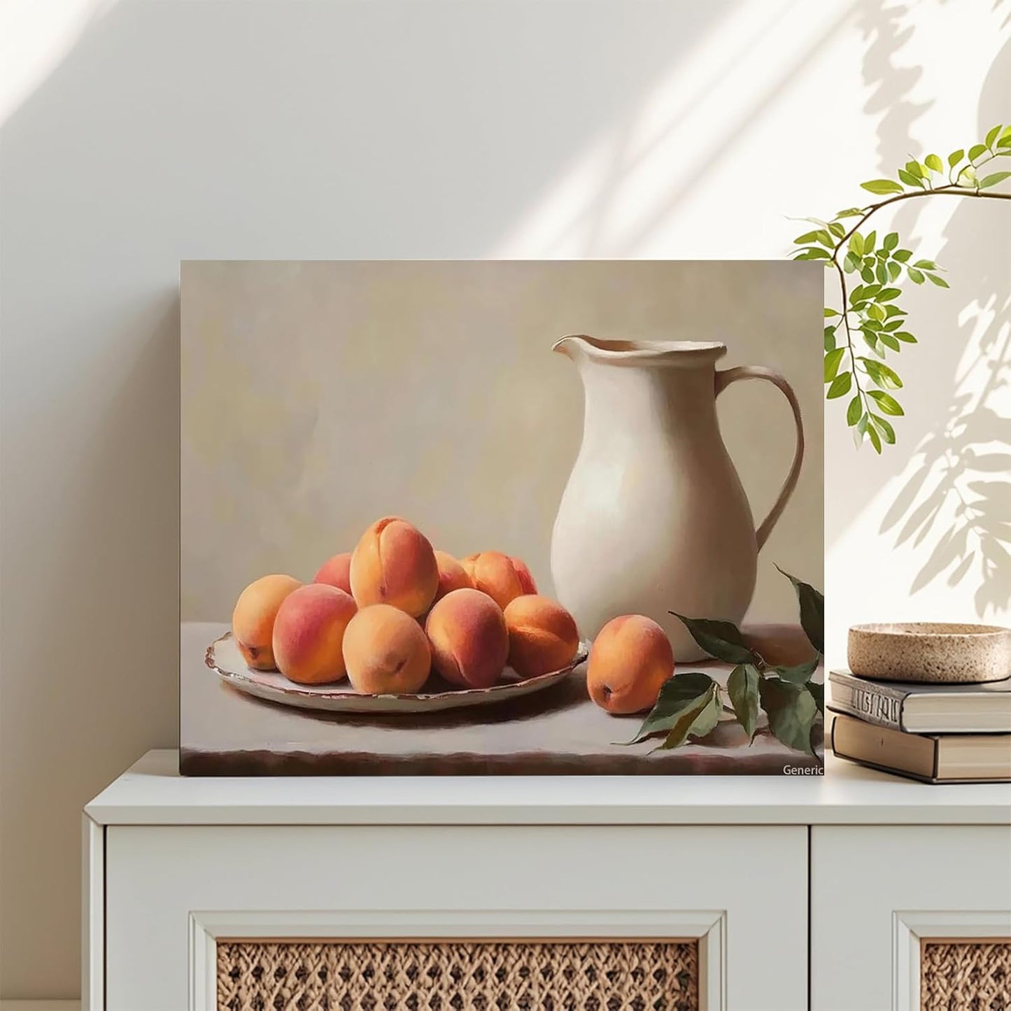 Canvas Painting Wall Mural Print Antique Fruit Bowl Peach Print Kitchen Still Life Wall Art Kitchen and Dining Room Decoration 8x10inch with Frame