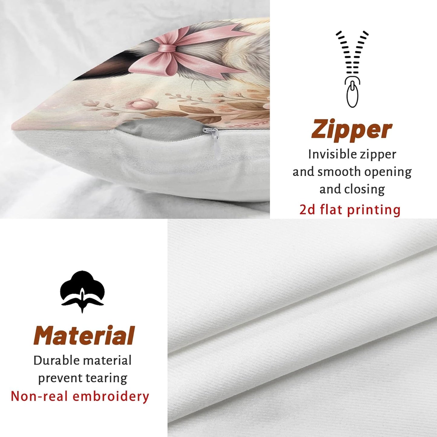 Rabbit Throw Pillow Covers Set of 4, Spring Fanciful Bow Flowers Spring Pastel Peach with Hidden Zipper Decorative Pillow Cases for Living Room Bedroom Loft Office Car Decor 16x16 Inch