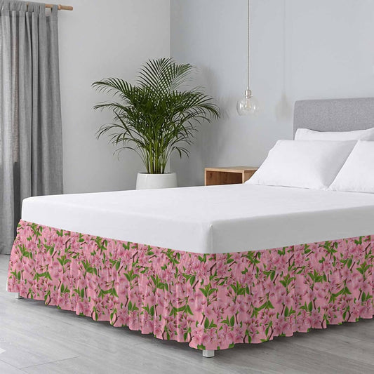 Pink Peach Flowers Bed Skirt Full/Queen Size Bed Skirting 16 Inch Drop Adjustable Elastic Dust Ruffles Wrap Around Bedskirt Pleated Spring Botanical Watercolor Floral Leaf Bedding Frame Cover for Dorm
