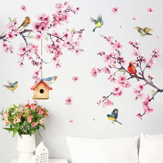 Mfault Watercolor Peach Blossom Flower Bird Wall Decals Stickers, Pink Floral Branches Cardinal Bluebird Chickadee Robin Decorations Bedroom Art, Spring Summer Birdhouse Home Living Room Kitchen Decor
