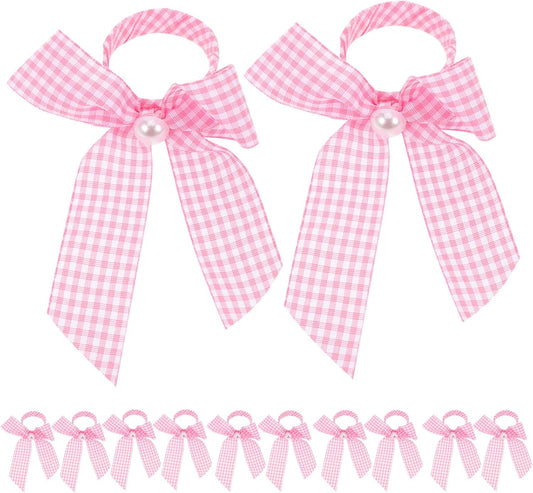 Pink Checkered Ribbon Napkin Rings Bow Holder 12pcs Reusable Gingham Table Decor for Girl Shower Party Centerpieces and Wedding Reception