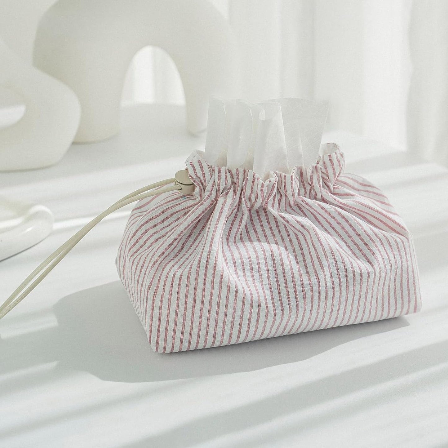 Fabric Tissue Box Cover with Handle, Pink Striped Cotton Tissue Holder for Home, Office, Bedroom, Car – Decorative Washable Tissue Case