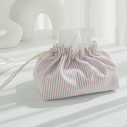 Fabric Tissue Box Cover with Handle, Pink Striped Cotton Tissue Holder for Home, Office, Bedroom, Car – Decorative Washable Tissue Case