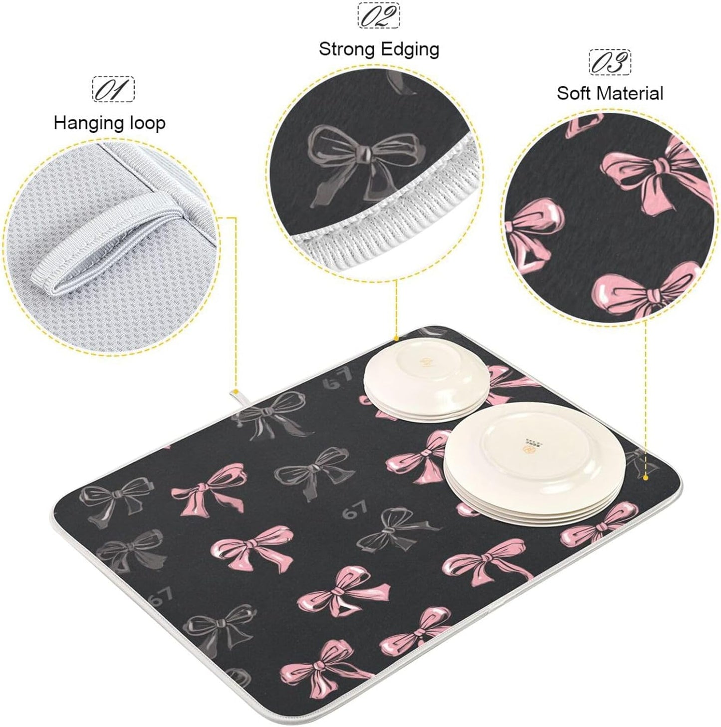 Boccsty Bows 67 Light Pink Dark Grey Dish Drying Mat for Counter Drying Kitchen Mats Coffee Bar Mats for Countertops Dishes Utensils Sinks 18 x 24 IN