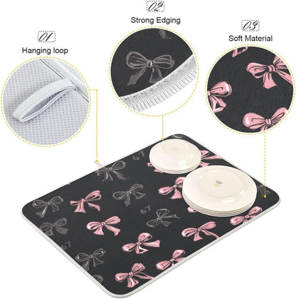 Boccsty Bows 67 Light Pink Dark Grey Dish Drying Mat for Counter Drying Kitchen Mats Coffee Bar Mats for Countertops Dishes Utensils Sinks 18 x 24 IN