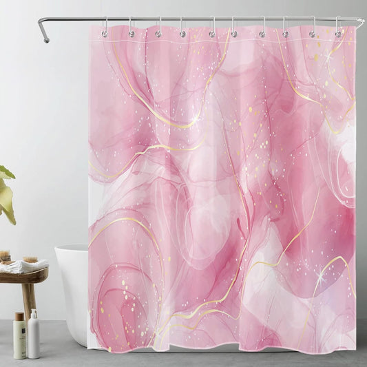 HVEST Modern Marble Shower Curtain, Pink and Gold Luxurious Marble Bathroom Curtain with Hooks, Abstract Art Bath Curtain Polyester Fabric Bath Decor Accessories, 60x72 Inches,YL30460Q