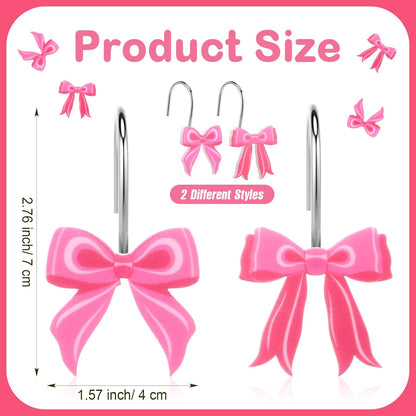 Yungyan 12 Pcs Pink Bow Shower Curtain Hooks Metal Rustproof Curtain Hangers Pink Bow Knot Decorative Stainless Steel Hook Ring for Spring Mother's Day Bathroom Wedding Birthday Preppy Bathroom Decors