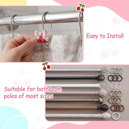 Mifoci 12 Pcs Pink Bow Shower Curtain Hooks Bow Knot Cherry Decorative Shower Curtain Hooks Resin Rust Resistant Glide Bathroom Ring Hangs for Bathroom Bedroom Living Room Art Decor