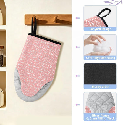 Oven Mitt 2 Pack Set Light Pink Pattern Kitchen Mitts Gloves for for Cooking Baking Grilling