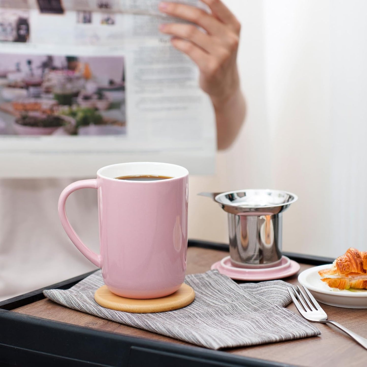 CEEFU Porcelain Tea Mug with Infuser and Lid, Teaware with Filter and Coaster, Loose Leaf Tea Cup Steeper Maker, 16 OZ for Tea/Coffee/Milk/Women/Office/Home/Gift (Pink)