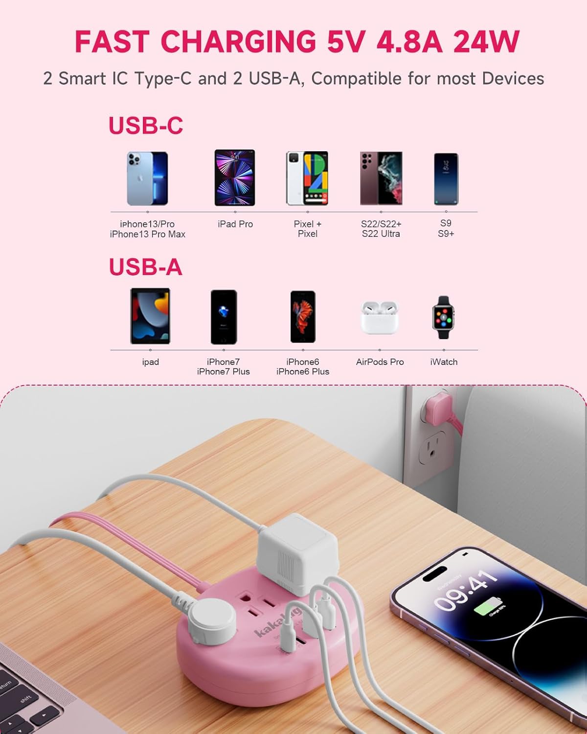 Pink Extension Cord with USB C - 5 FT Kawaii Power Strip, 1625W Cute Extension Cord with 3 AC Outlet 4 USB (24W/4.8A), Compact for Cute Pink Kawaii Desk Home Essentials