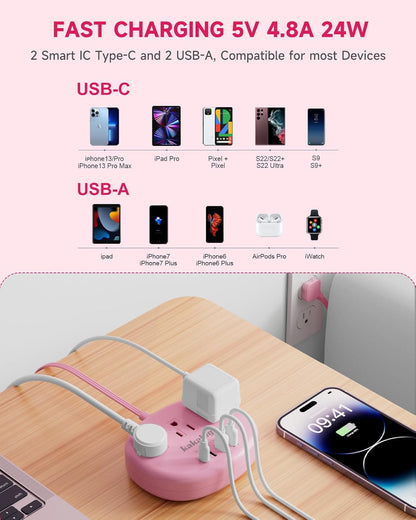 Pink Extension Cord - 10 FT Flat Power Strip, 1625W Cute Extension Cord with 3 AC Outlet 4 USB (24W/4.8A), Compact for Cute Pink Kawaii Desk Home Essentials