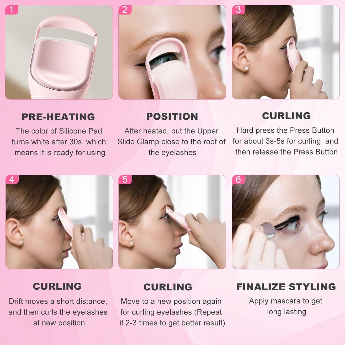 HEBECA Heated Eyelash Curler Professional - Eye Lashes Curler with Innovative Heating Silicone, Electric Eyelashes Curler with 600mAh Rechargeable Battery EC4001 (Pink)