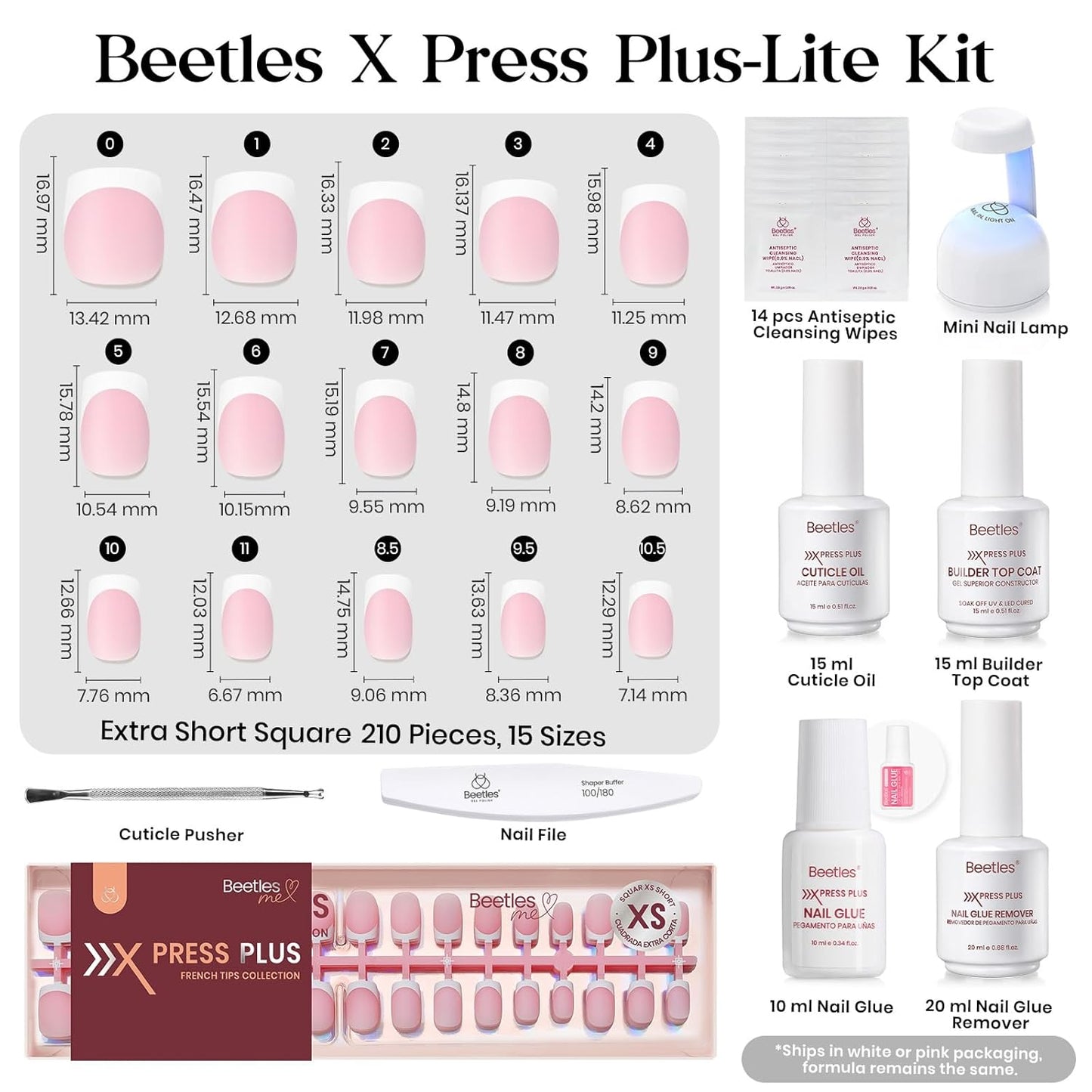 Beetles X Press Plus Gel Nails Kit - Pink Extra Short Square French Tip Press On Nails | 210Pcs 15 Sizes All-in-One Kit with Nail Glue,Remover,Builder Top Coat,Nail Lamp Gift for Women