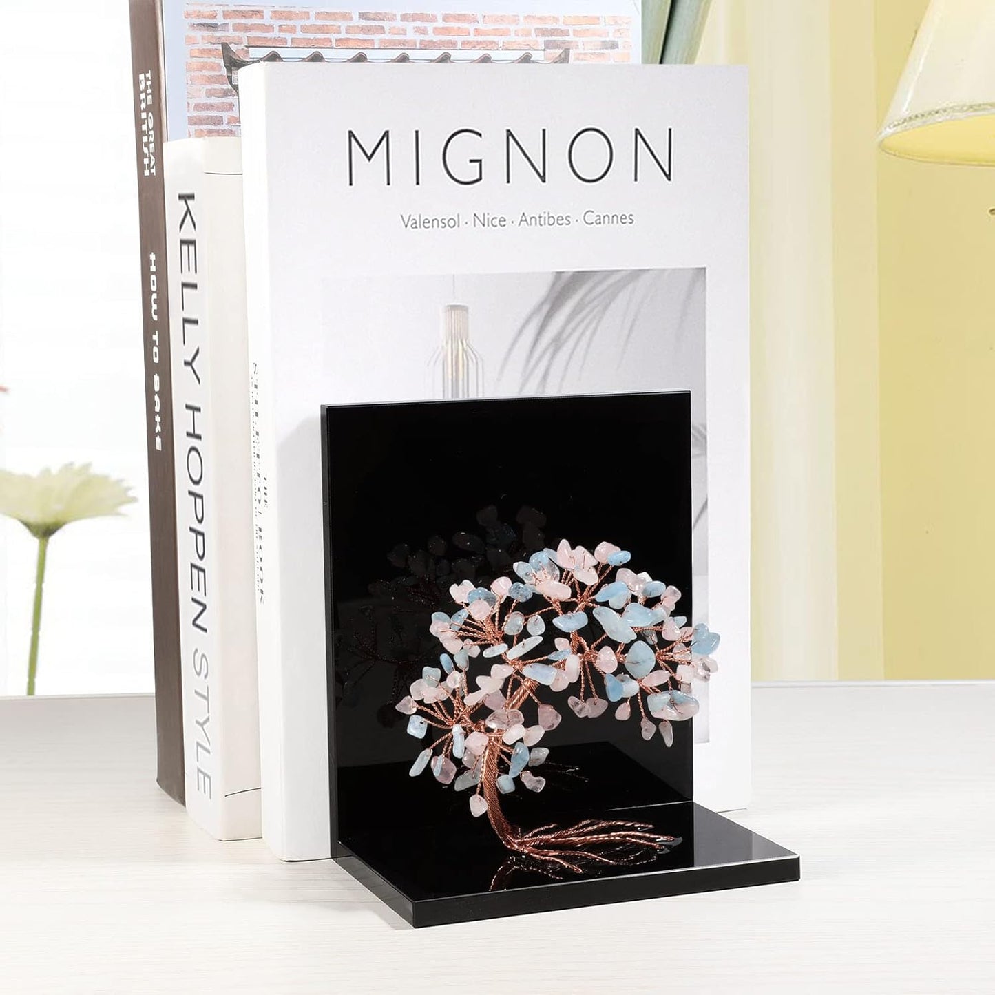 rockcloud Set of 2 Aquamarine and Rose Quartz Crystal Tree Acrylic Decorative Bookends, L-Shaped Heavy Duty Book Ends to Hold Books for Home Office Shelves, Blue&Pink