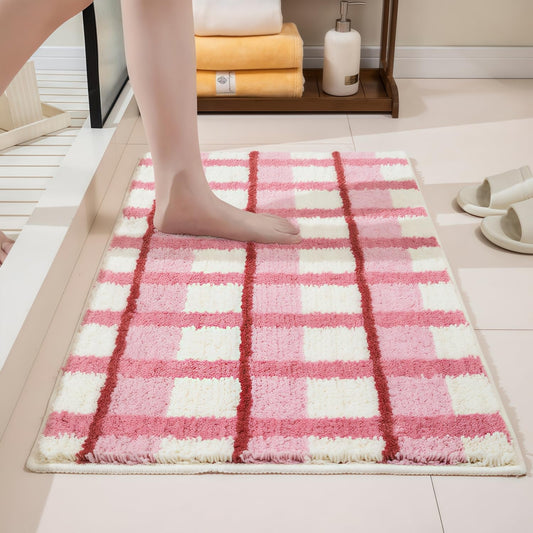 GIB Bathroom Rugs Mat 32" x 20", Extra Soft Absorbent Plush Fluffy Bath Rugs, Non-Slip Washable Bath Mats for Bathroom Floor Shower Home Decor Accessories, Soft Pink & Cream Checkered with Red Accents