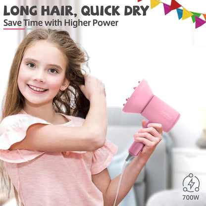 Feekaa Kids Hair Dryer, Portable Mini Blow Dryer with Diffuser, Quiet Small Hair Dryer for Children, Compact Kids Hairdryer with DIY Stickers Lightweight, Boy & Girl Birthday Gift, Pink
