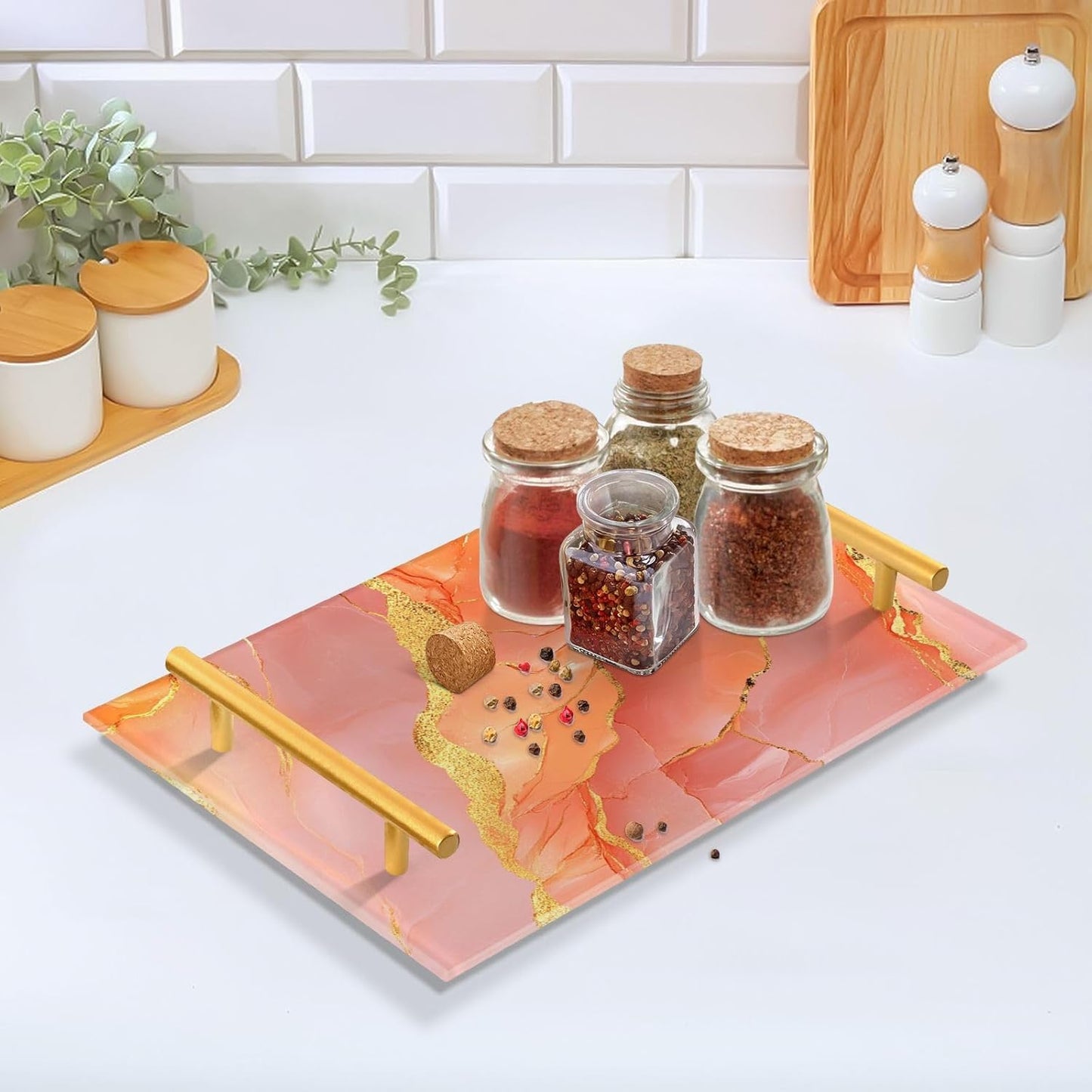 Marble Peach Gold Decorative Tray with Handles with Handles Food Trays for Eating for Jewelry Perfume for Food Service bandeja decorativa para perfumes