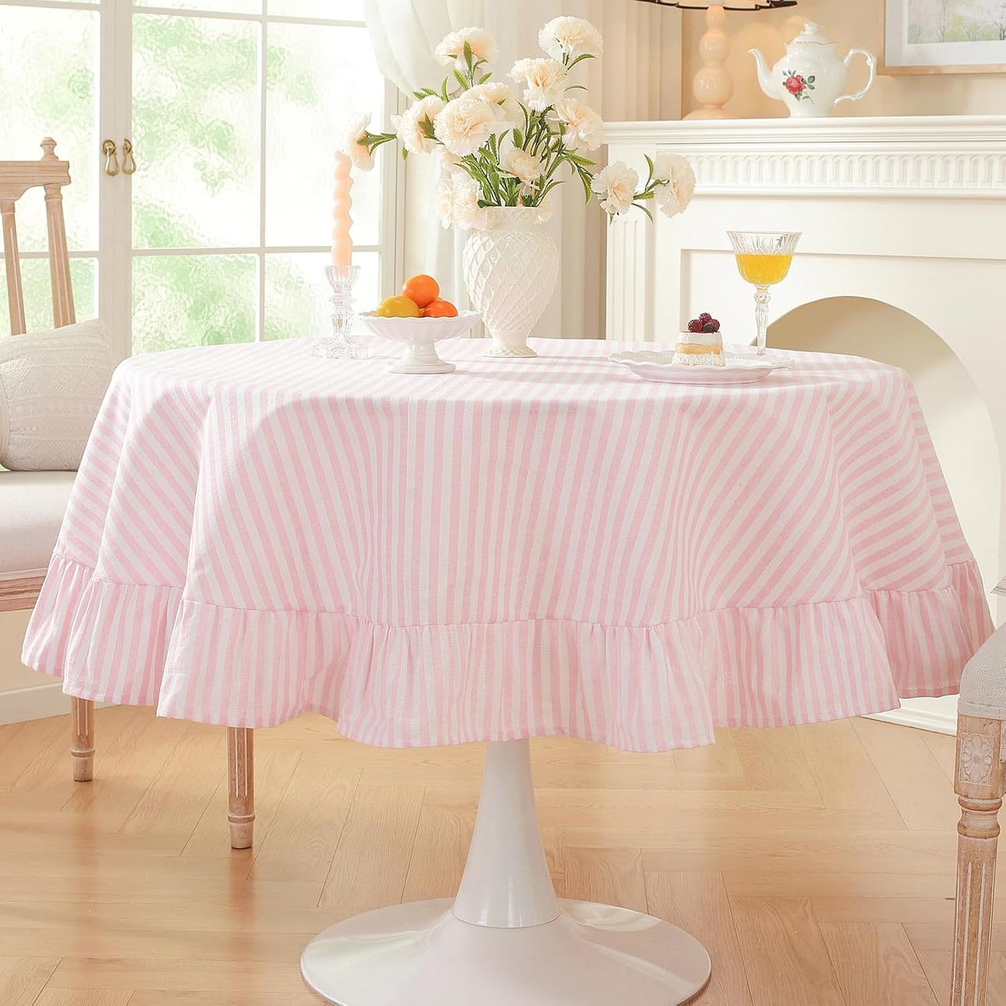 meioro Striped Ruffled Tablecloth Round Spring Cotton Blend Stripe Table Cloth with Tassel, Farmhouse Washable Wrinkle Free Table Cover for Valentines Day Outdoor Picnic Party Dining, Pink, 60'' Round