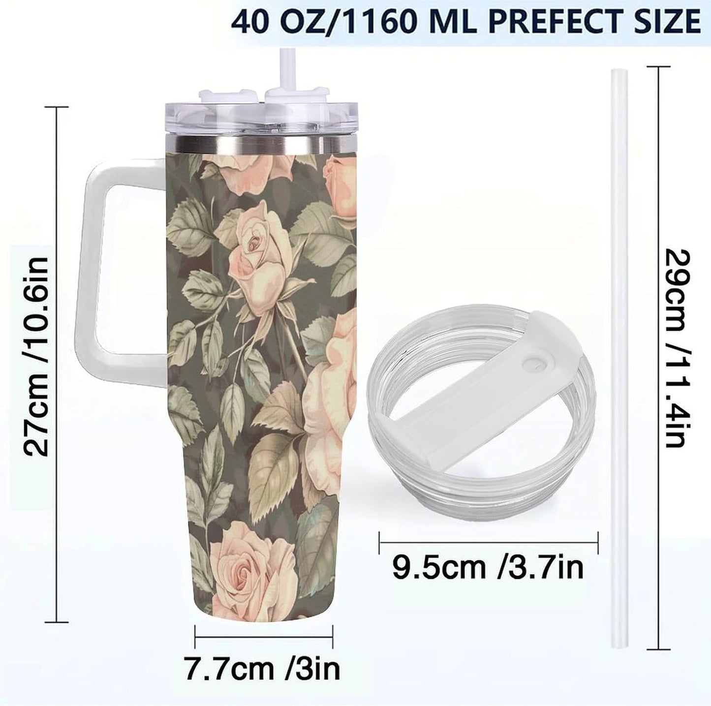 40oz Tumbler with Handle, Peach Roses Green Leaves Pattern Printed Stainless Steel Travel Mug, Insulated Car Cup with Straw, Keeps Drinks Hot & Cold, Personalized Gift for Women & Men