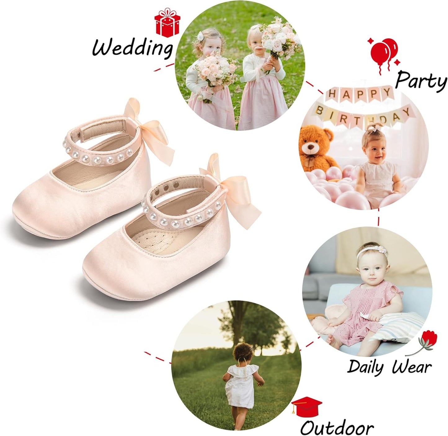 PHIRAMIN Baby Girls Mary Jane Flats - Infant Newborn Walking Shoes Soft Rubber Sole Princess Wedding
