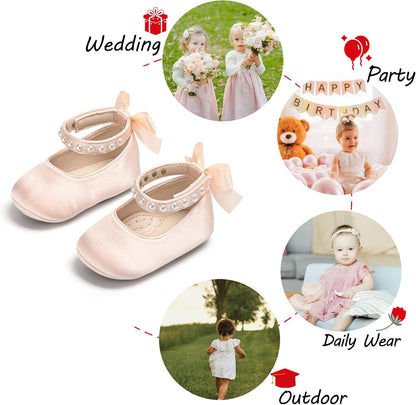 PHIRAMIN Baby Girls Mary Jane Flats - Infant Newborn Walking Shoes Soft Rubber Sole Princess Wedding