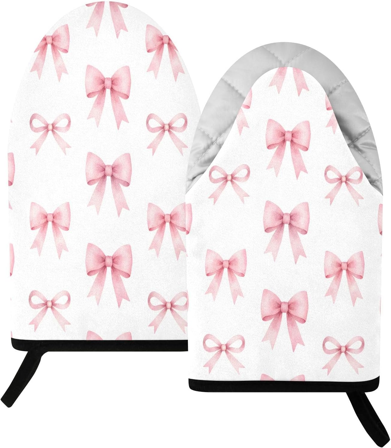 Pink Bows Ribbons Non-Slip Oven Mitts Set Heat Resistant Kitchen Gloves with Quilted Liner Cotton Machine Washable with Hanging Loop for Baking Grilling BBQ