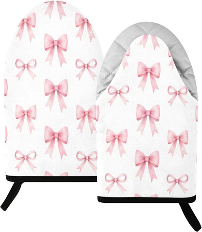 Pink Bows Ribbons Non-Slip Oven Mitts Set Heat Resistant Kitchen Gloves with Quilted Liner Cotton Machine Washable with Hanging Loop for Baking Grilling BBQ