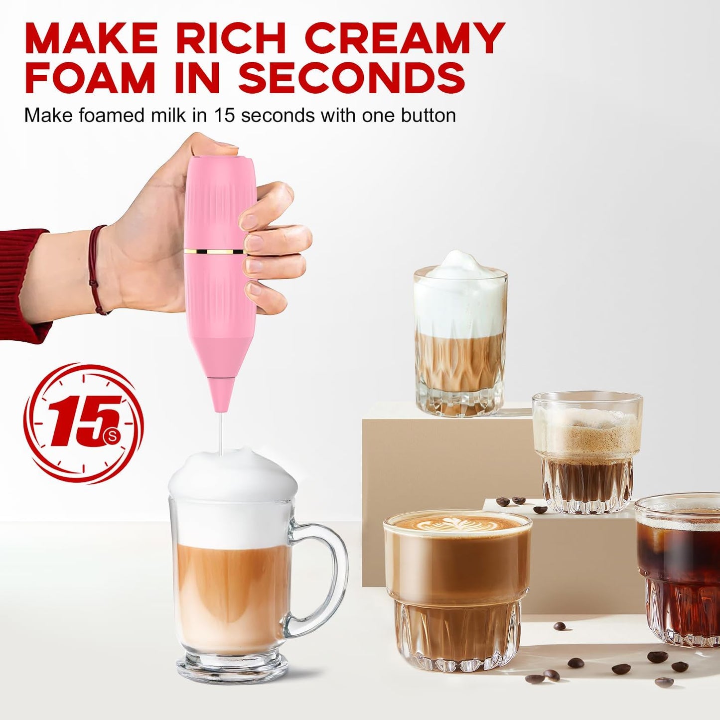 Homexup Handheld Milk Frother 14,000 RPM Drink Mixer Wand with Stand & Stirring Spoon Quiet One-Button Operation, Non-Slip Handle, Detachable Whisk Head for Coffee, Lattes, Cappuccinos, Matcha (Pink)