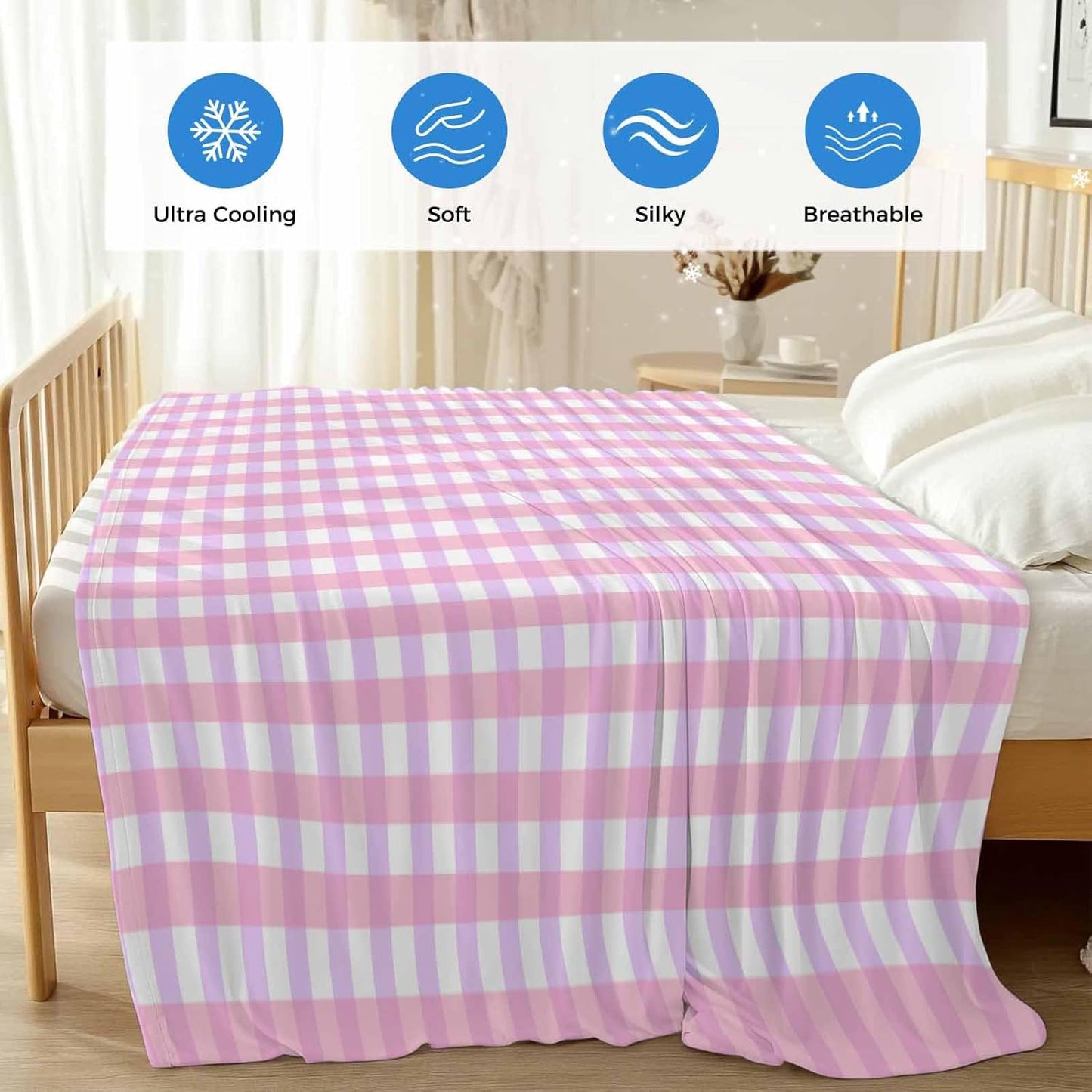 Pink White Gingham Cooling Blanket, Lightweight Breathable Summer Throw Blanket with Double Sided Cold Effect,Minimalism Buffalo Checkered Pattern Picnic Beach Blankets Bed Sheet for Sleepers 30"x40"