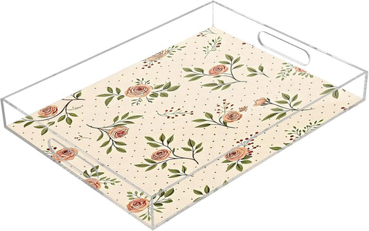 Retro Floral Pink Serving Tray 12" x 16" Acrylic Trays with Handles Decorative Serving Platter for Coffee, Breakfast in Bed, Dinner, Appetizers, Patio, Party