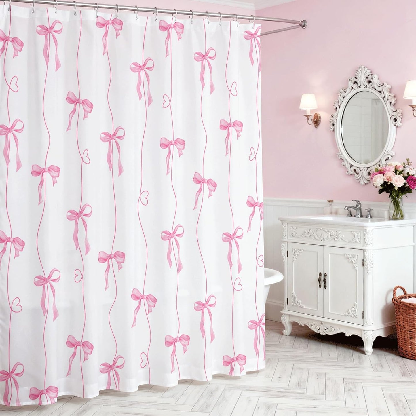 Mocsicka Pink Bow Shower Curtain for Bathroom, Coquette Cute Shower Curtain for Girls Women Waterproof Fabric Bow Bathroom Decor Bath Curtain with 12 Hooks, 72 X 72 Inch