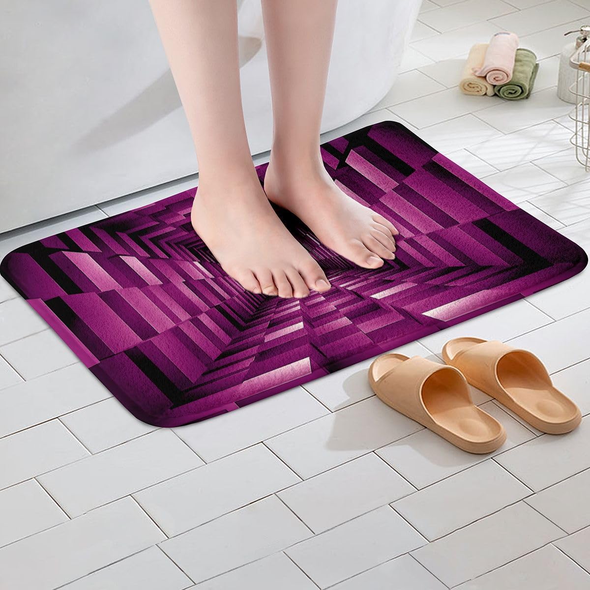 Feelyou Pink Checkered Bathroom Rugs Microfiber 16"x24" Light Geometric Bath Mats Non-Slip Abstract Plaid Bathroom Accessories Floor Doormats Soft Door Mat